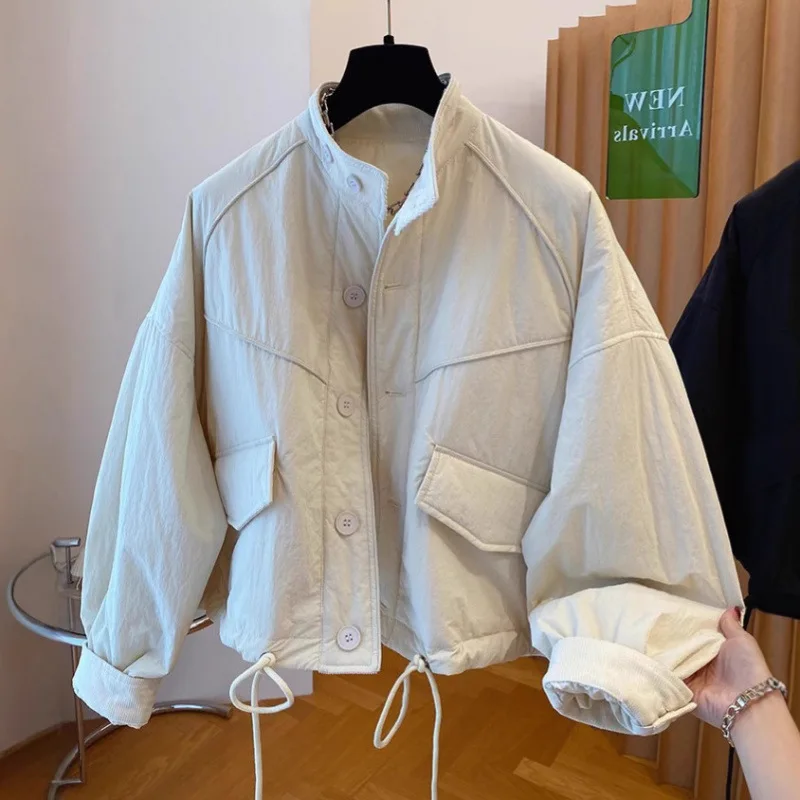 

Korean Style Casual Stand Collar Cotton Jackets Women's Fashion Solid Color Single Breasted Loose Coat New Winter Warm Outerwear