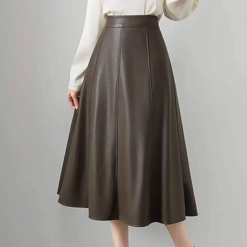 سيوليش الخريف الشتاء بولي Leather الجلود المرقعة عالية الخصر Vintage المرأة ألف خط التنانير الكورية الصلبة مظلة ميدي التنانير الإناث