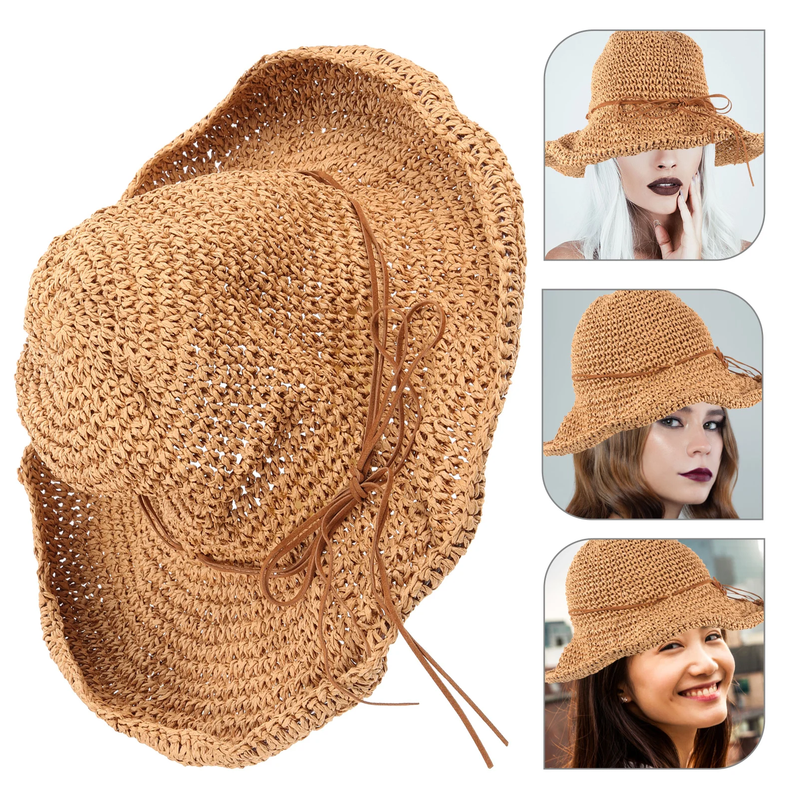 

1Pcs Summer Straw Hat Wide Brim Visor Foldable Beach Vacation Cap Bowknot Sun Protection Outdoor Headwear Straw Hat