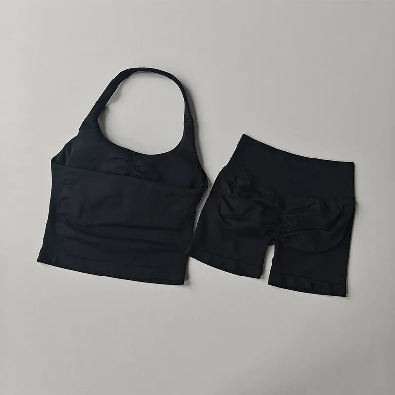 Damen-Sport-BH-Set mit Halsband, schöner Rücken, Yoga-Anzug, zweiteiliges Top, hochtailliertes, hüftformendes Fitness- und Gym-Set, Shorts-Sets – Detail 18