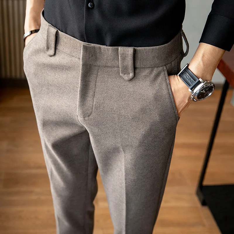 

Autumn Winter Woolen Trousers Men Thickened Slim Fit Business Casual Suit Pants British Style Fashion Gentleman Male Pants