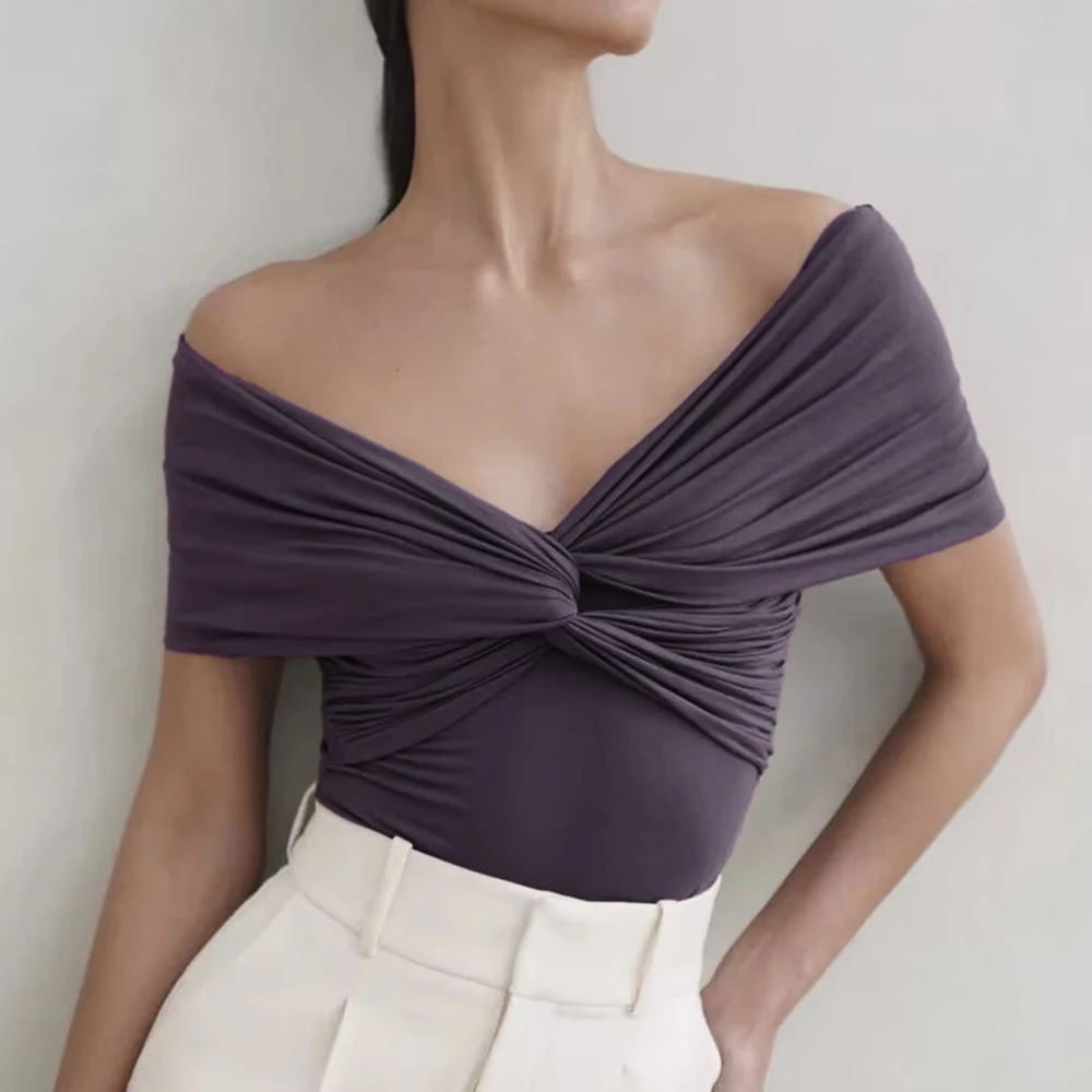 Tシャツ夏のデイリーファッションソリッドカラーひだ半袖 V ネックスリムフィットカジュアル Tシャツ女性のための