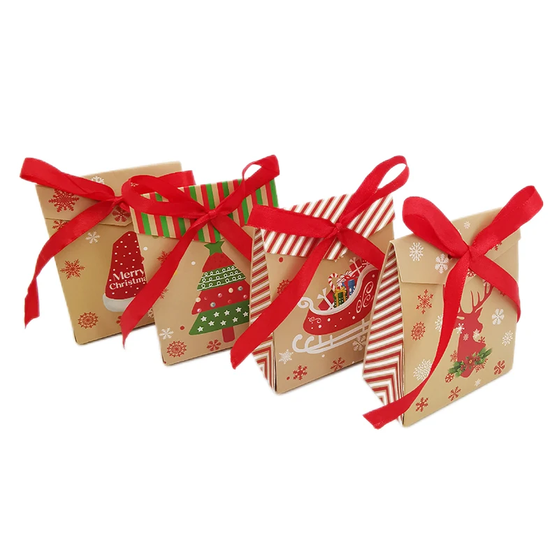 24/48Pcs scatola di caramelle regalo di natale scatola di imballaggio regalo di favore di biscotti di vigilia 3D con nastro decorazione della festa