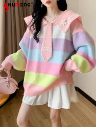 Large Size Student Stripes Mid-Length Knitted Bottoming Shirt Women's Autumn Loose Fairy Doll Collar Long Sleeve Sweater Ladies