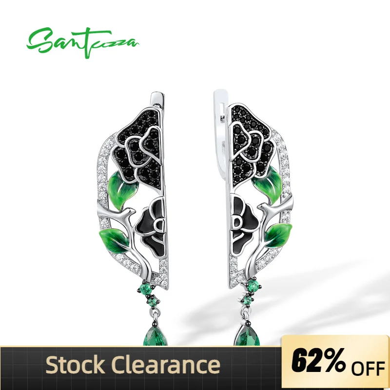 

SANTUZZA 925 Sterling Silver Drop Earrings For Women White CZ Black/Green Spinel Enamel Peony Oriental Fine Jewelry Handmade