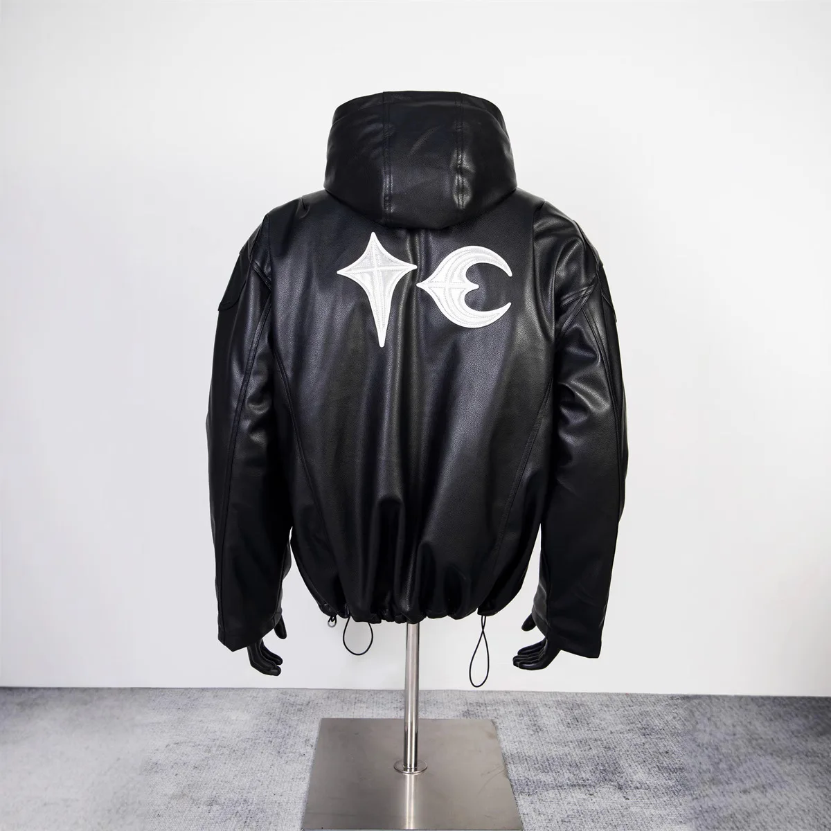 Thug Club Street American Retro PU Leather Star and Moon Embroidered Zipper Jacket