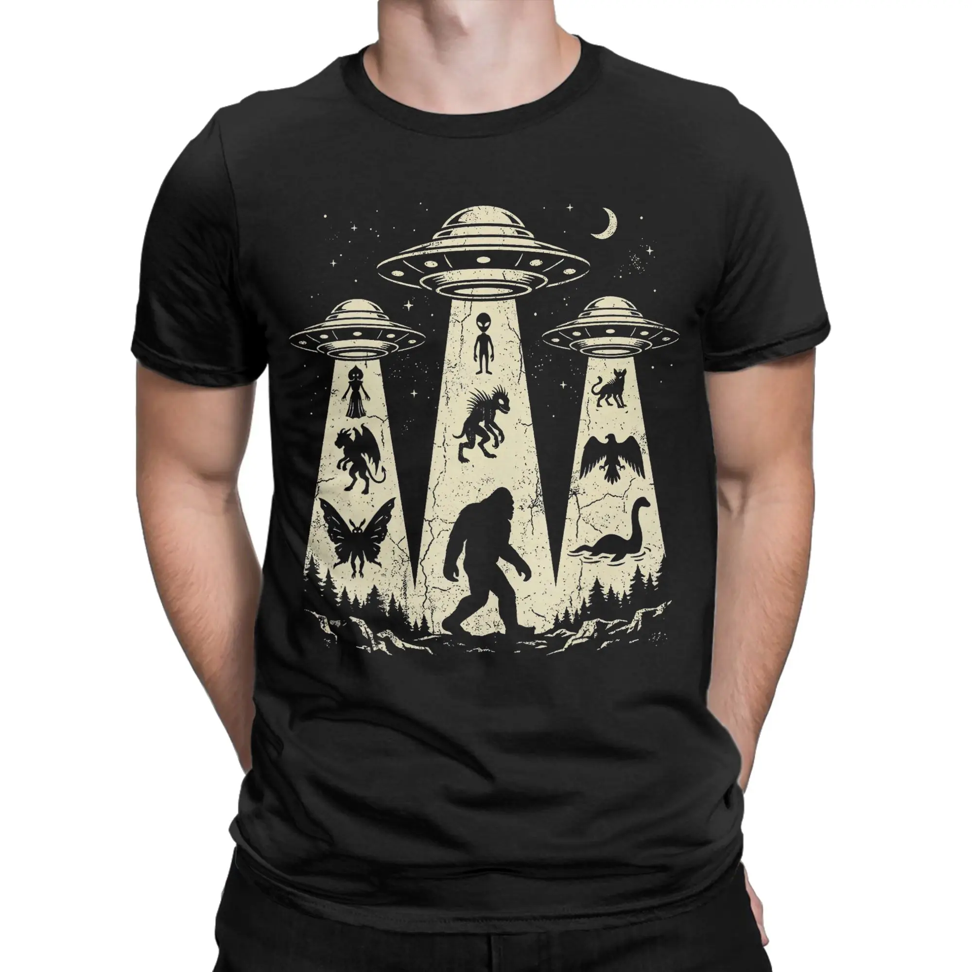 Vintage Cryptids UFO Encounter Creatures Bigfoot Loch Ness T Shirt T Shirt Men 100% Cotton Vintage T-Shirts Round Neck