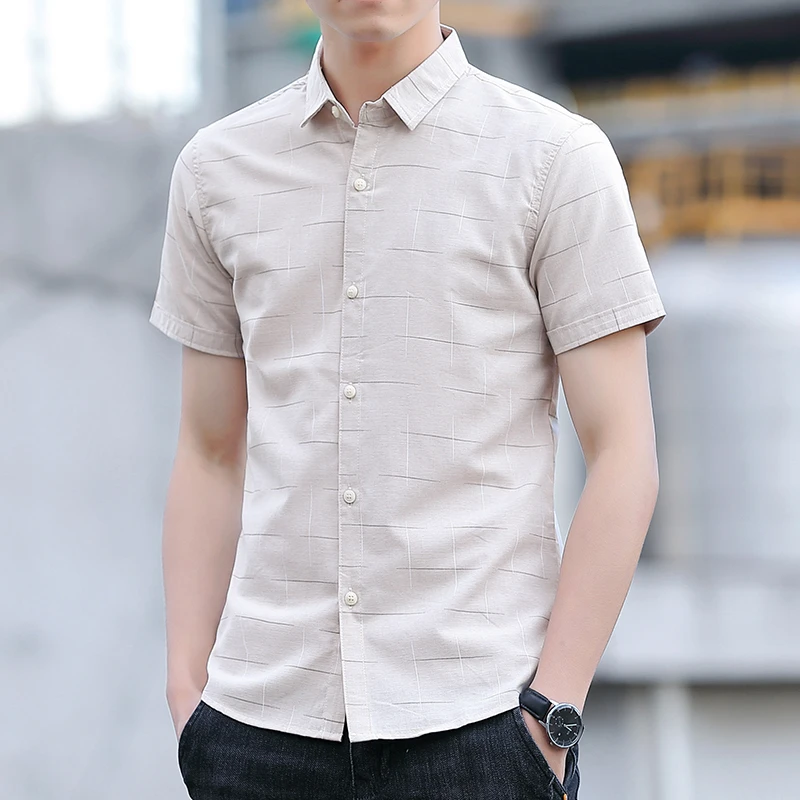 Summer Business Cotton Man Short Sleeve Khaki Blue Green Button-down Collar T Shirt Plaid Printed Fit Male Social Casual Shirts