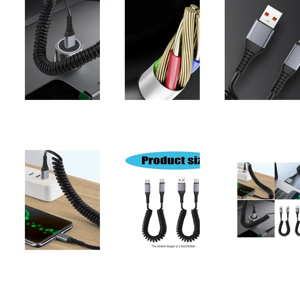  Coiled USB C Cord Data Transfer Cable Retractable Cable for Fast Charging in Car