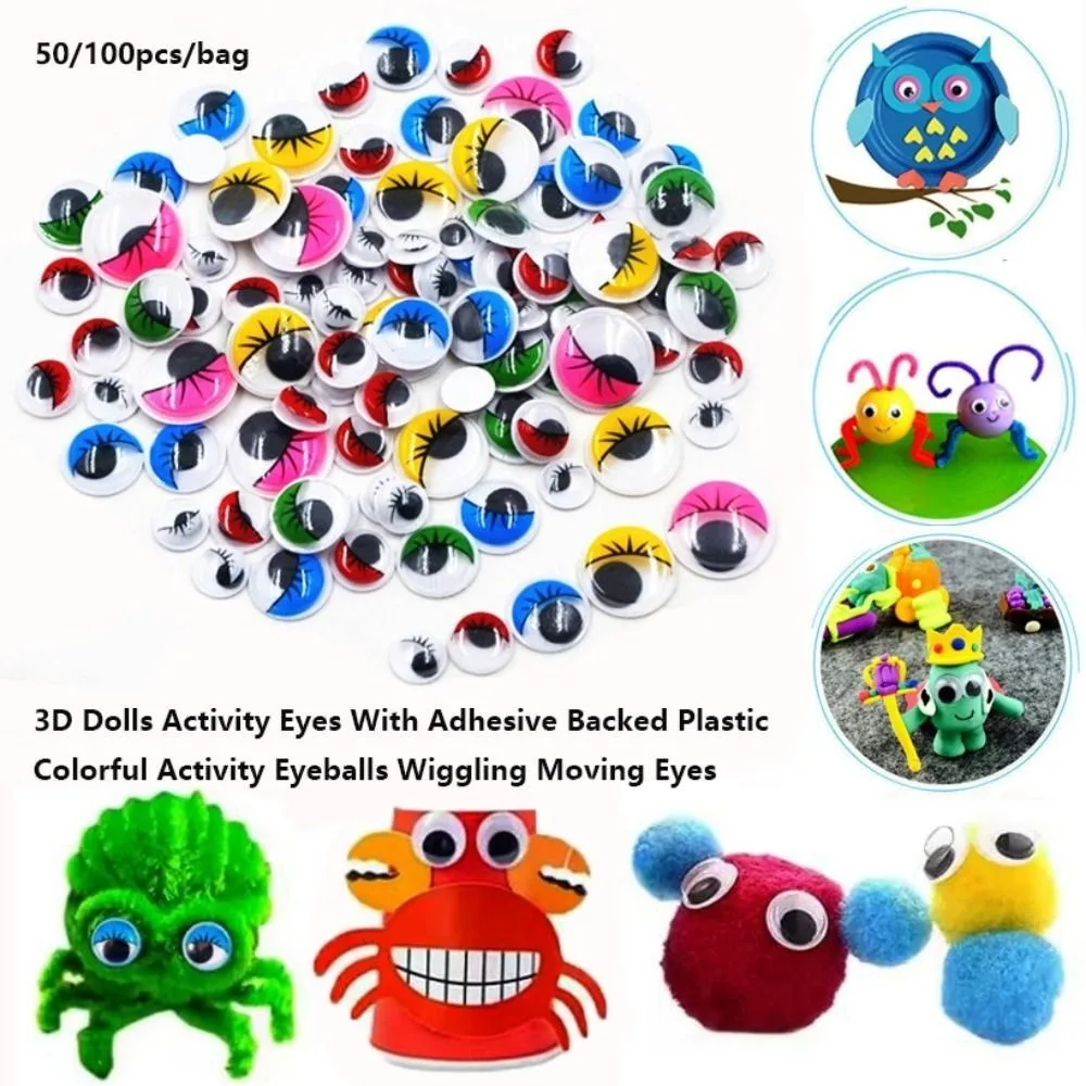 50/100pcs/bag 3D Dolls Activity Eyes Plastic with Eyelashes Wiggling Moving Eyes Handmade With Adhesive Backed DIY Kindergarten
