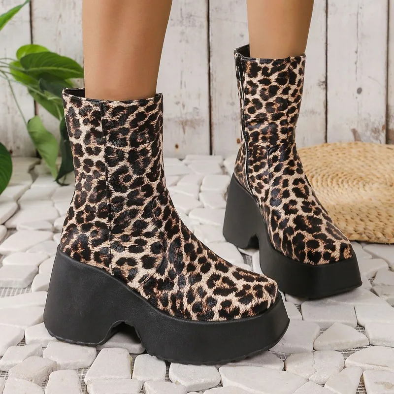 Leopard Platform Wome Boots Thick High Heels Round Toe Platform Ankle Shoes Punk Goth Fashion Luxury Casual Comfy 2024 New Boots