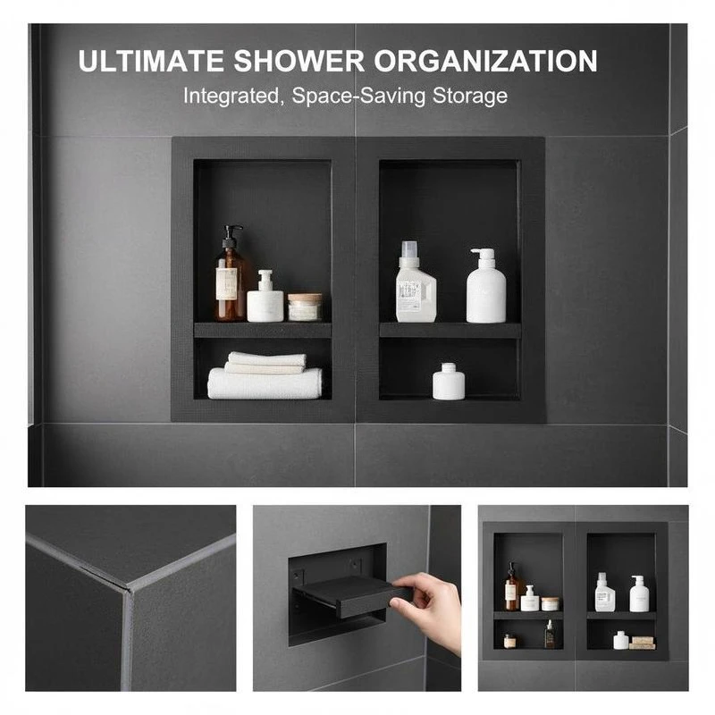 Recessed Wall Storage 16x24 + 16x24 Inch For Bathroom Shower Restroom, Movable Shelf Modern Soap Shampoo Organizer Square Corners Sealed Black Insert Units - view 2