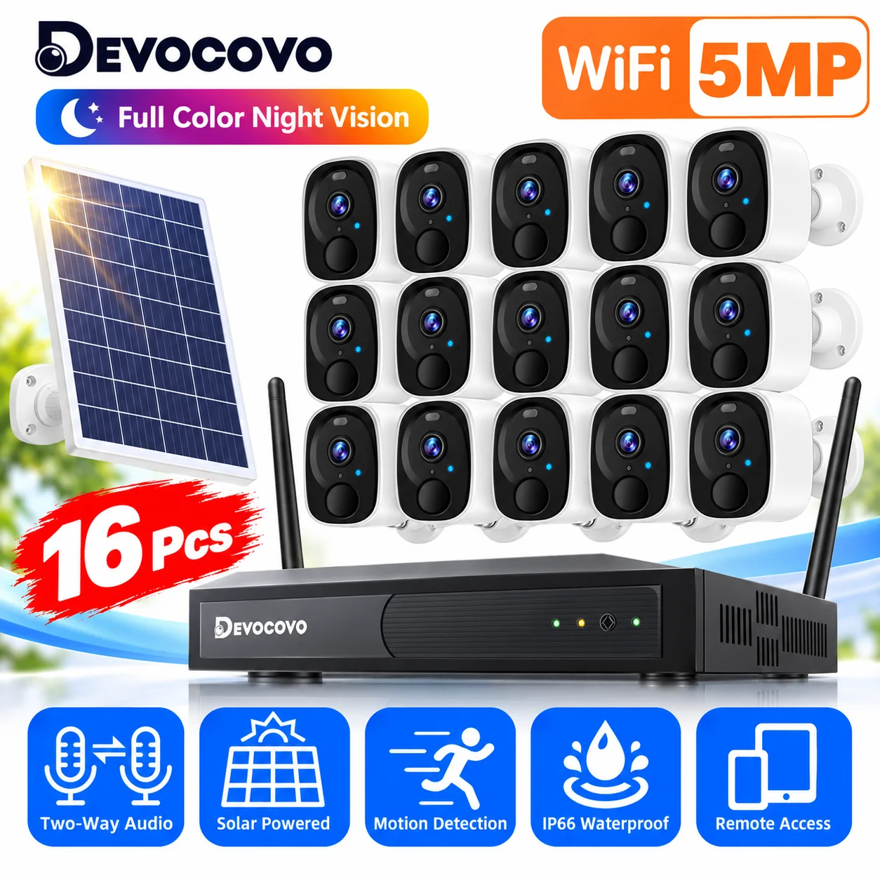 5MP Solar Battery 16CH Security Wireless CCTV Cameras System Remote Monitoring Wifi NVR Kit P2P IP Bullet Camera System Set 8CH