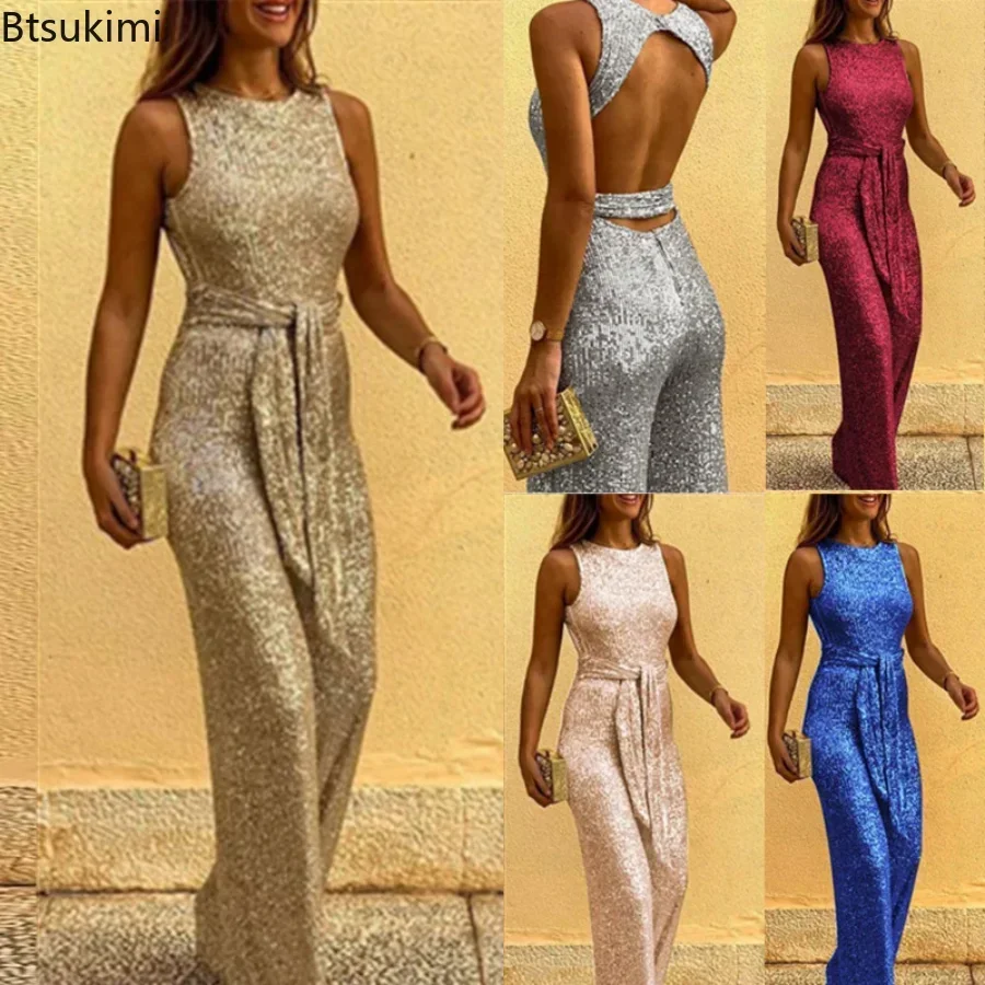 New 2025 Women Elegant Sleeveless Sequined Glitter Shiny Jumpsuit Trousers Wide Leg Pants Sexy Backless Jumpsuit Romper Overalls