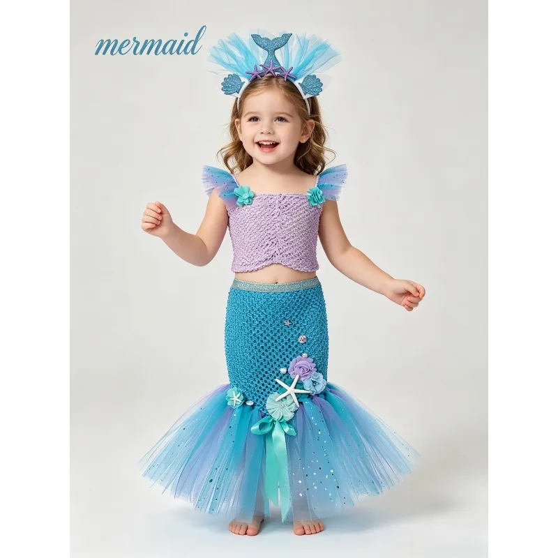 

Mermaid Tail Tutu Skirt Two Piece Set Seaside Vacation Outfit Layered Mesh Beach Resort Fairy Style Party Casual Holiday Costume