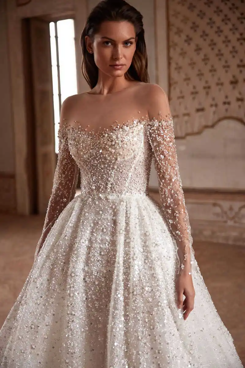Graceful Ball Gown Wedding Dresses With Sequined Full Sleeve Princess Bride Wedding Dresses Customized Vestidos De Novia