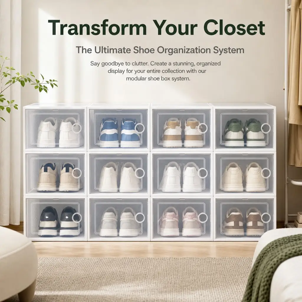 6/12/24pcs Stackable Shoe Storage Boxes, Clear Plastic Shoe Organizer, Dustproof & Foldable Shoe Containers For Sneakers/Heels, White/Black SH260622154100402481881