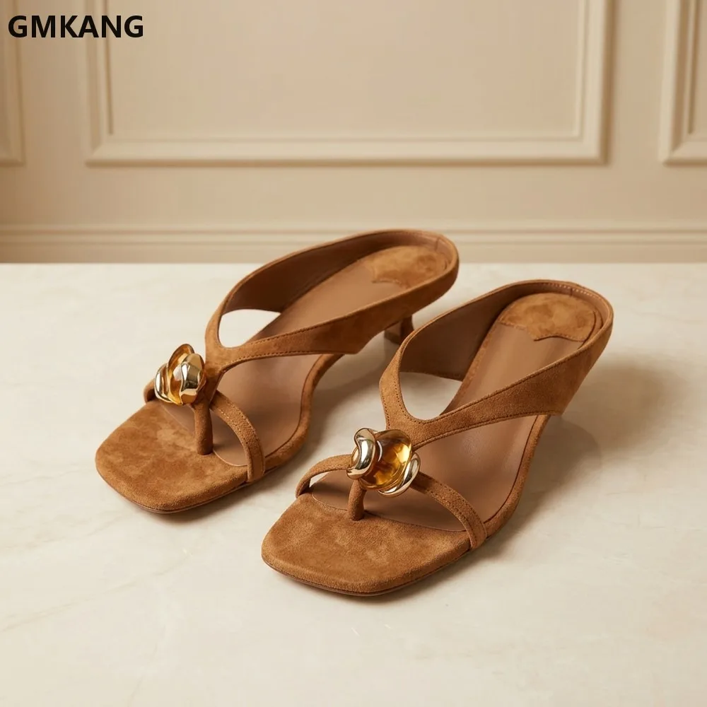 Women's Suede Stiletto Slide Sandals Open Toe Gem Decor Split Toe Backless Summer Fashion Heels