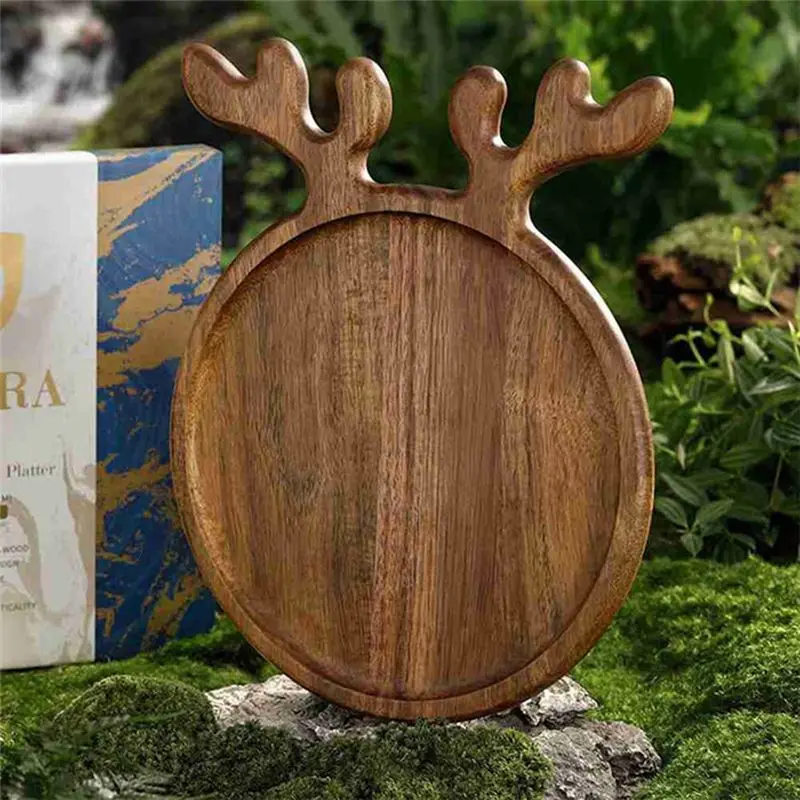 ABKS-Wood Christmas Tray Christmas Tree Fruit Bowl Home Snack Plate Candy Dish Melon Seeds Dried Fruit Pizza Plate