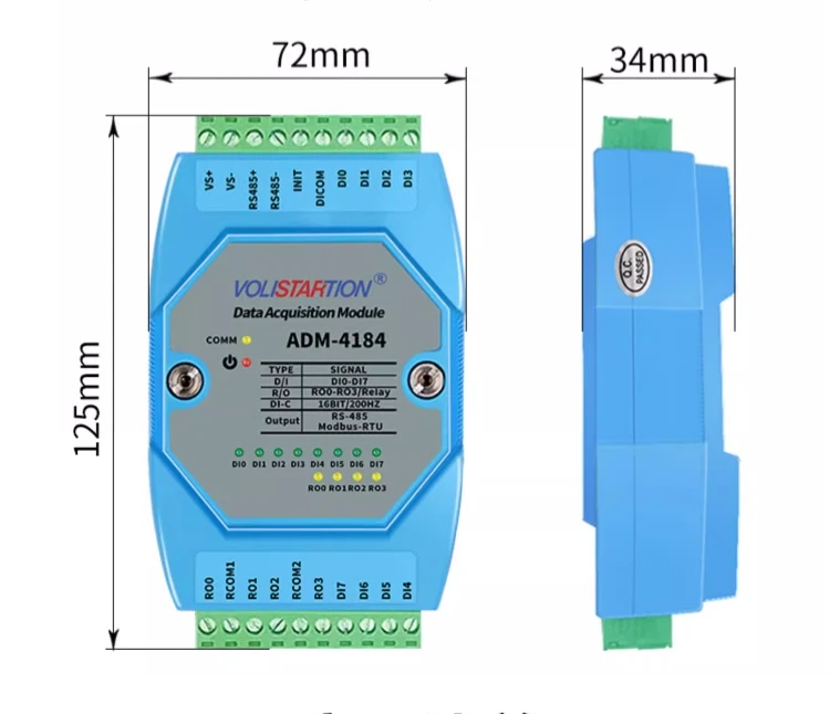 Módulo de adquisición de cantidad de interruptor de 8 canales, ADM-4184, 8DI/4DO, 4 canales, salida de relé, 485 modbus ADM-4184