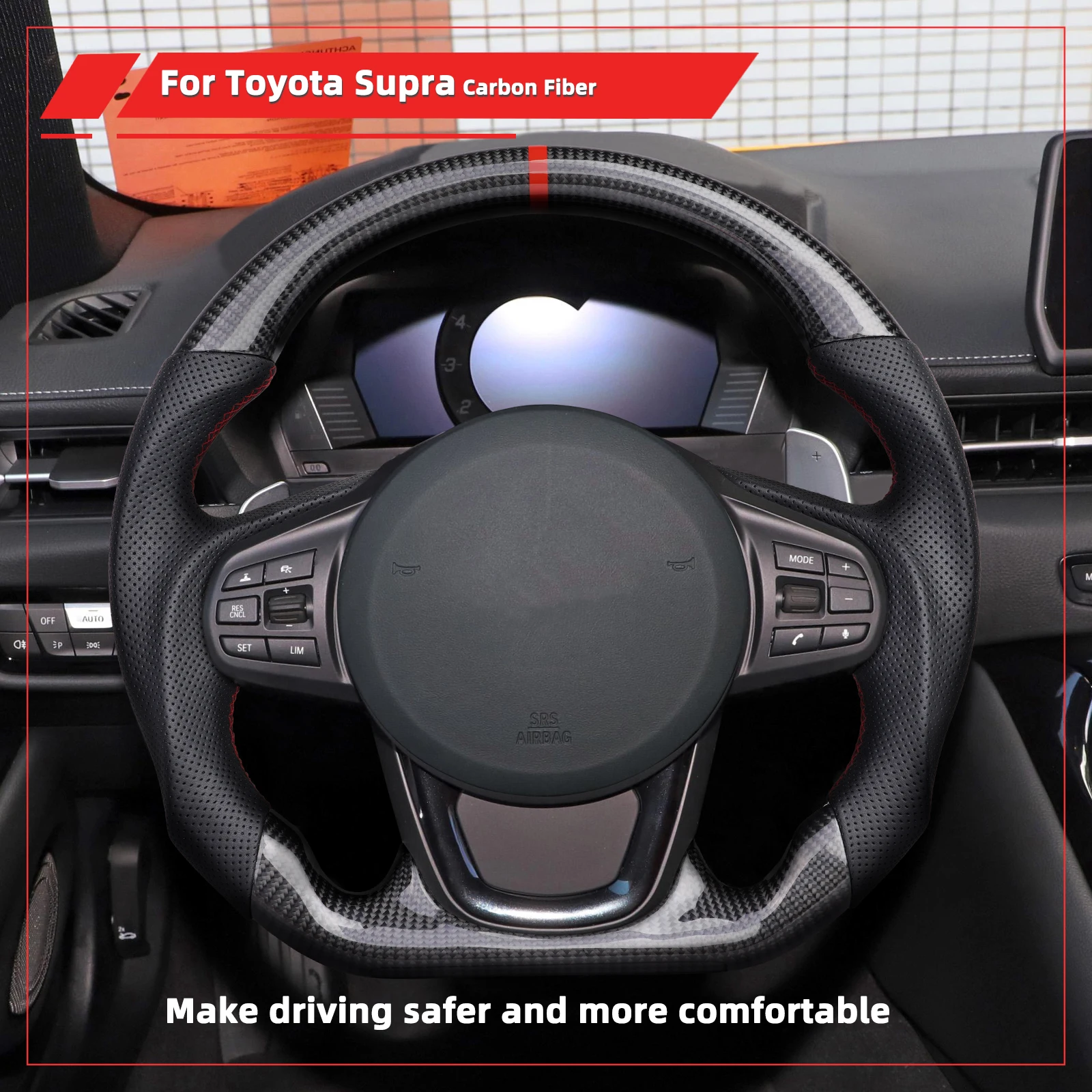 

Real Carbon Fiber Steering Wheel D-Type Flat-Bottom Red Center Line With Paddle Hole For Toyota Supra 2020-2024 Car Accessories