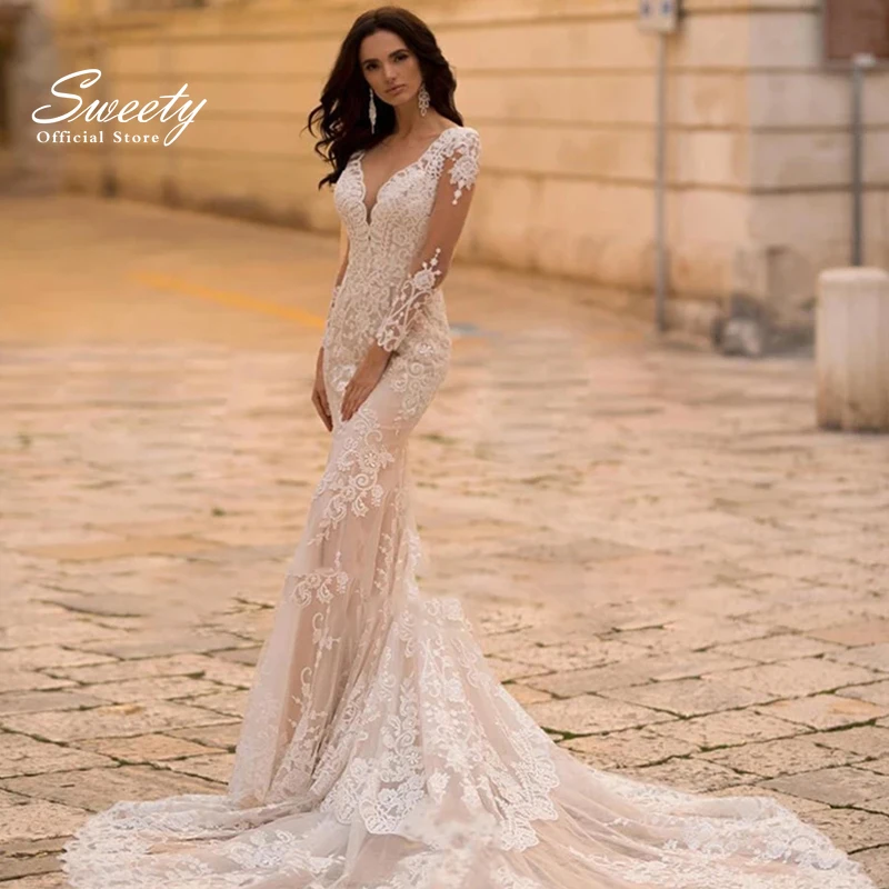 

Vintage Wedding Dress Organza With Embroidery Lace Mermaid Ball Gown Full Sleeve O-Neck Bridal Dress Button Vestido De Novia