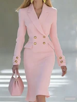 Vestido elegante con cuello en V y doble botonadura, vestido de fiesta liso con cintura alta para ir al trabajo, vestido informal de manga larga envolvente a la cadera para mujer