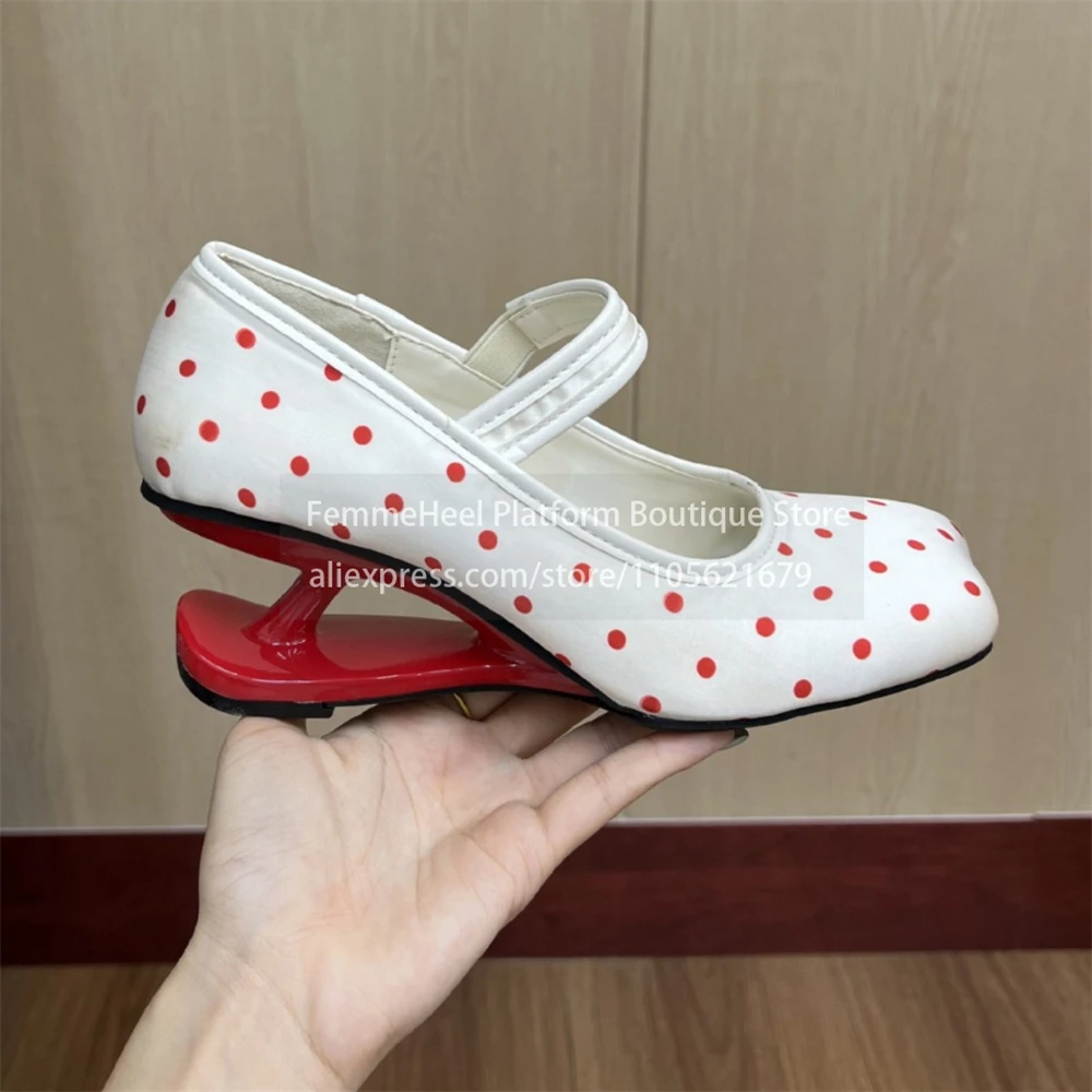 Red Polka Dot White Satin Mary Janes Sculptured High Heels Ankle Strap Round Toe Wedge Lacquered Heel Pump Vintage Party Elegant