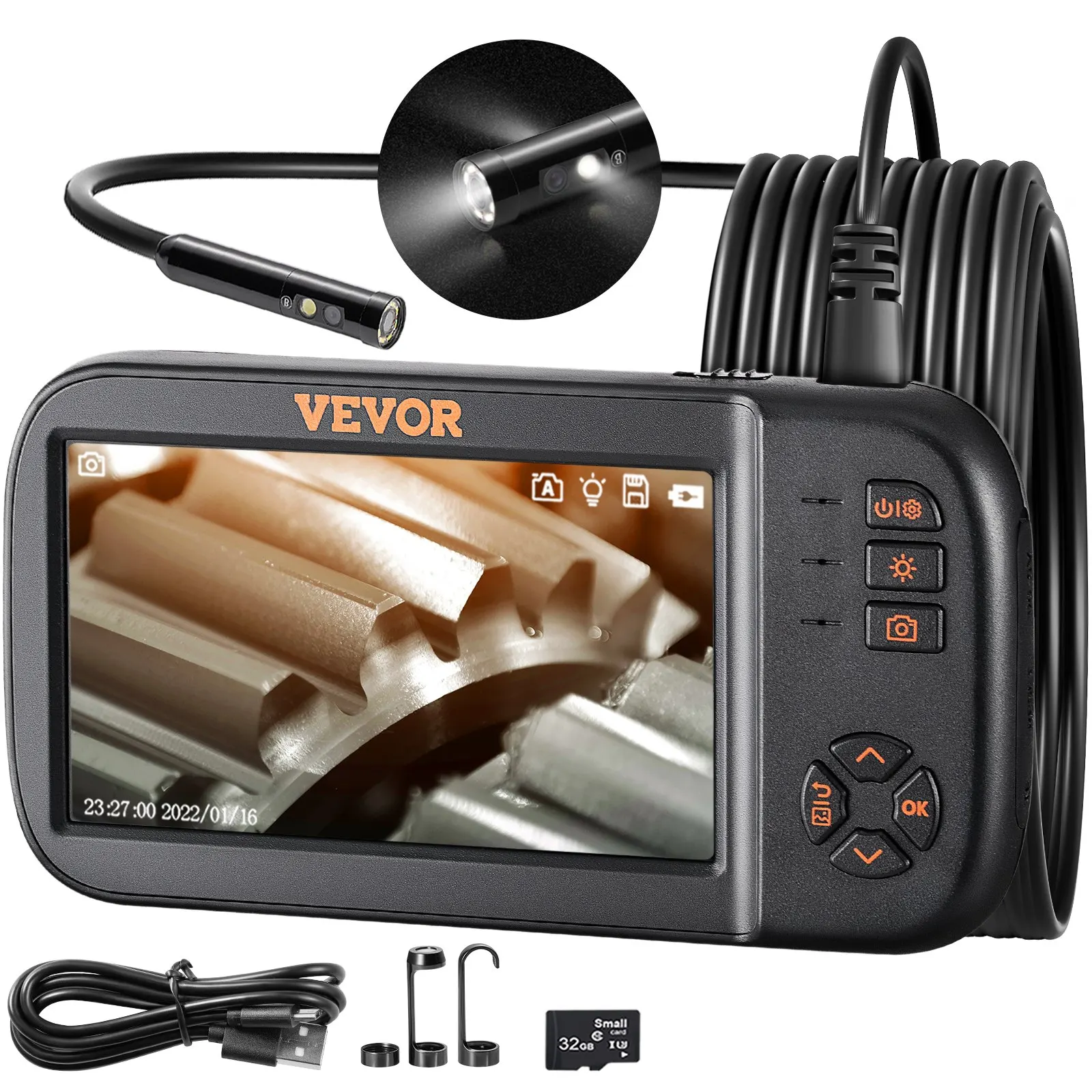 vevor camera endoscopio com lente tripla 45 tela ips camera de inspecao borescope lente 1080p cabo serpente semi rigido luzes 01