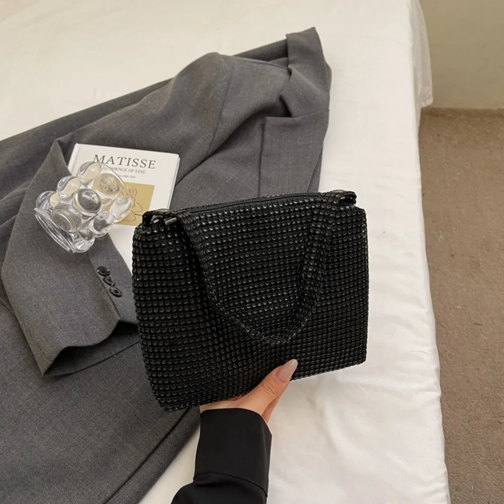 

Personality Large Capacity Rhinestone Handbag Blingbling Shiny Small Square Bag Purse Zipper Cloth Shoulder Bag Women