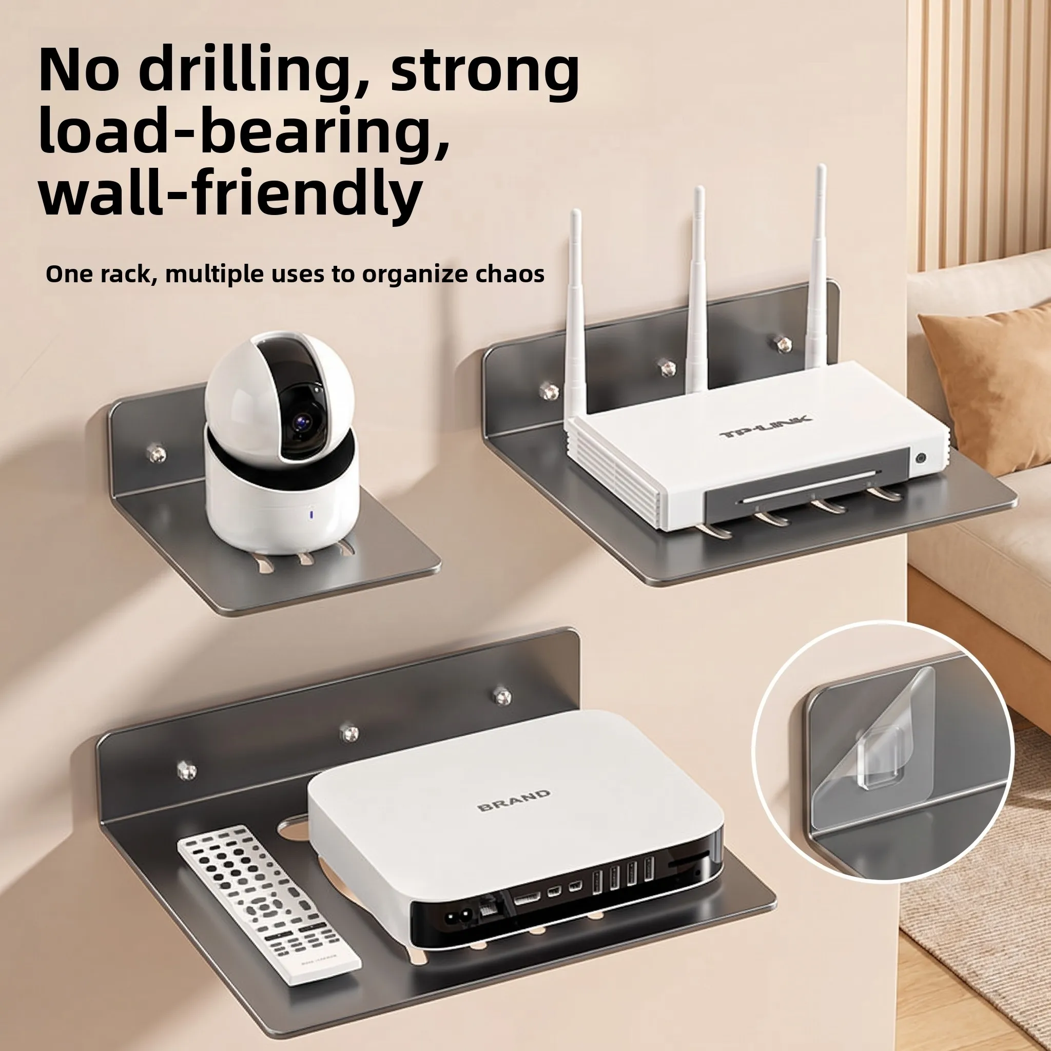 

No-Drill Wall-Mounted Router Storage Rack TV Box Holder Attractive Home Organization Shelf Metal Material Living Room Decor