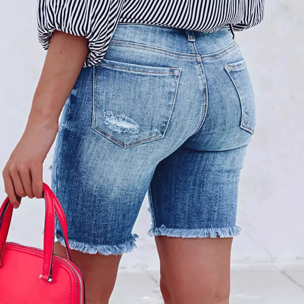 Summer denim shorts 2026 new fashionable women's perforated elastic denim jeans