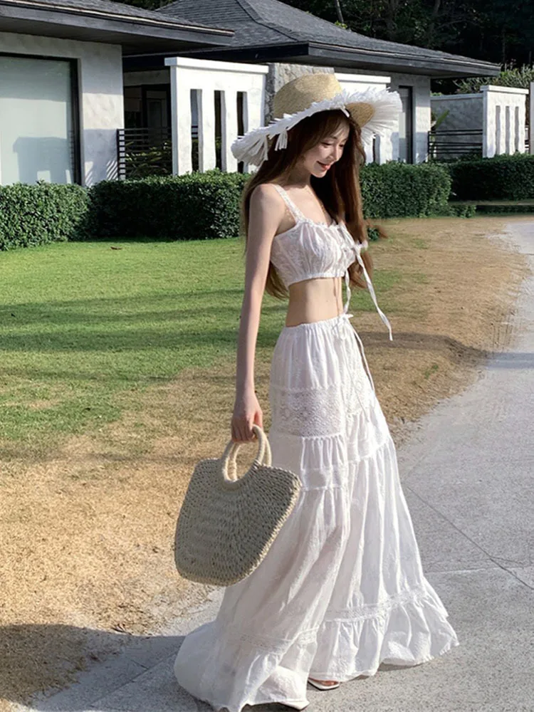 Lace Skirt Set Dress Summer Women Beach Holiday Sexy Cotton Matching Set Outfits Spring White 2 Pcs Vestidos Female Set 2024