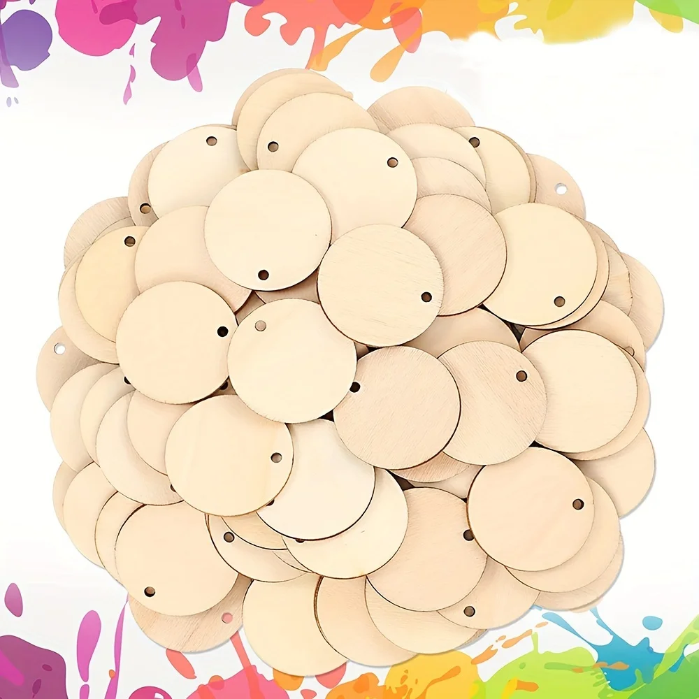 50pcs Unfinished Round Wooden Circles with Holes Round Wood Discs for DIY Crafts Party Birthday Christmas Decoration