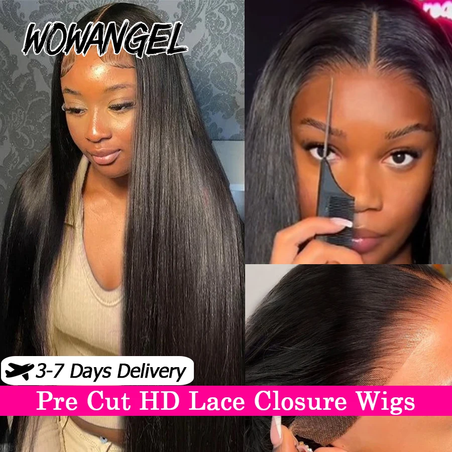 

Wow Angel 250% Pre Cut Lace 5x5 HD Lace Closure Glueless Wig Human Hair Ready To Wear 34in Straight Wig Pre Plucked Remy Hair