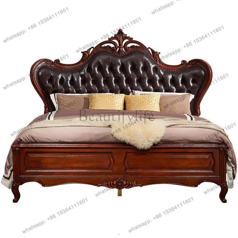 

American leather master bedroom 1.8 double wedding bed European retro solid wood bed 2 meters