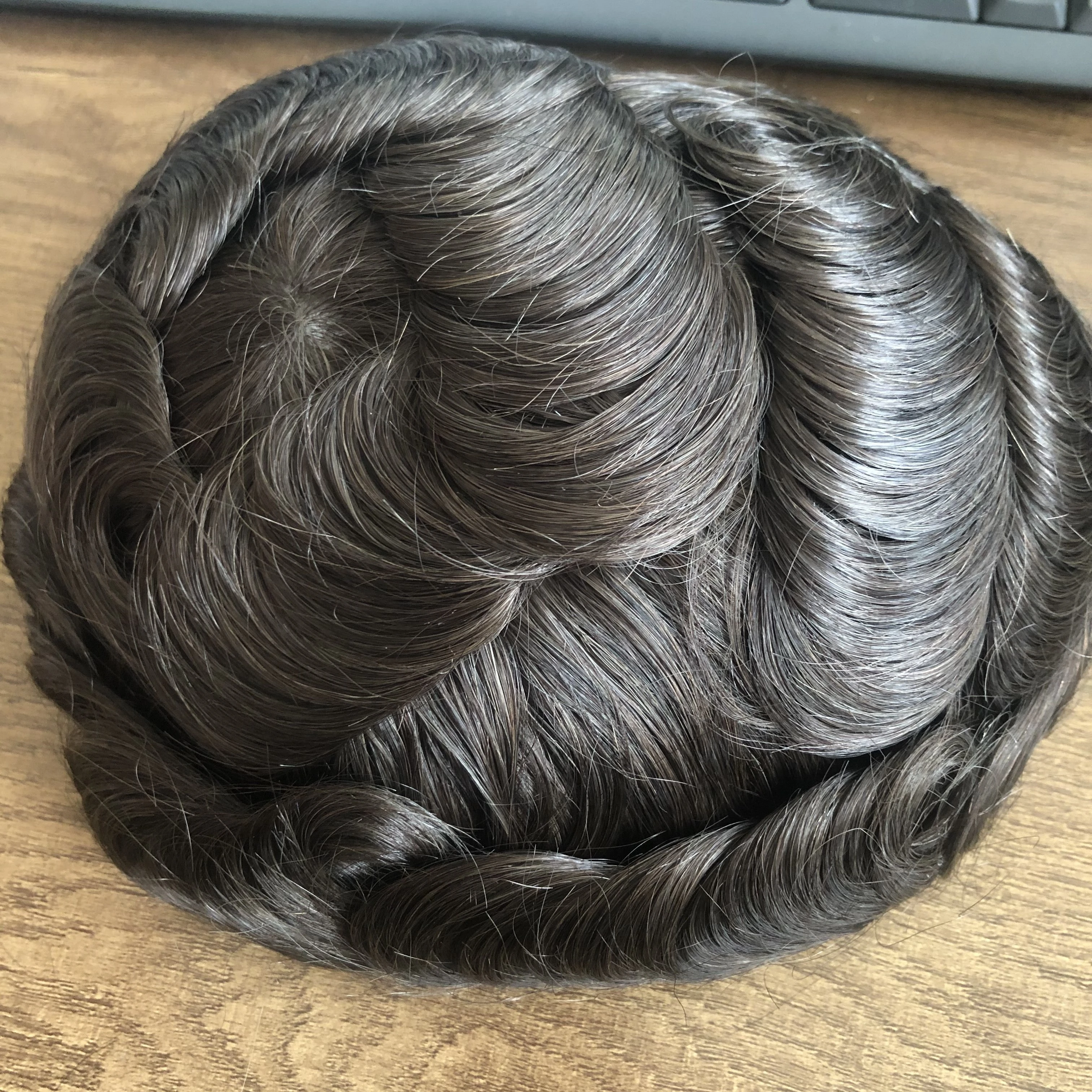 غير قابل للاكتشاف بني داكن نفاث شعر بشري أسود نظام شعري 6 بوصة طويلة سوبر متموجة الرجال السيليكون الشعر المستعار قاعدة الجلد البولي