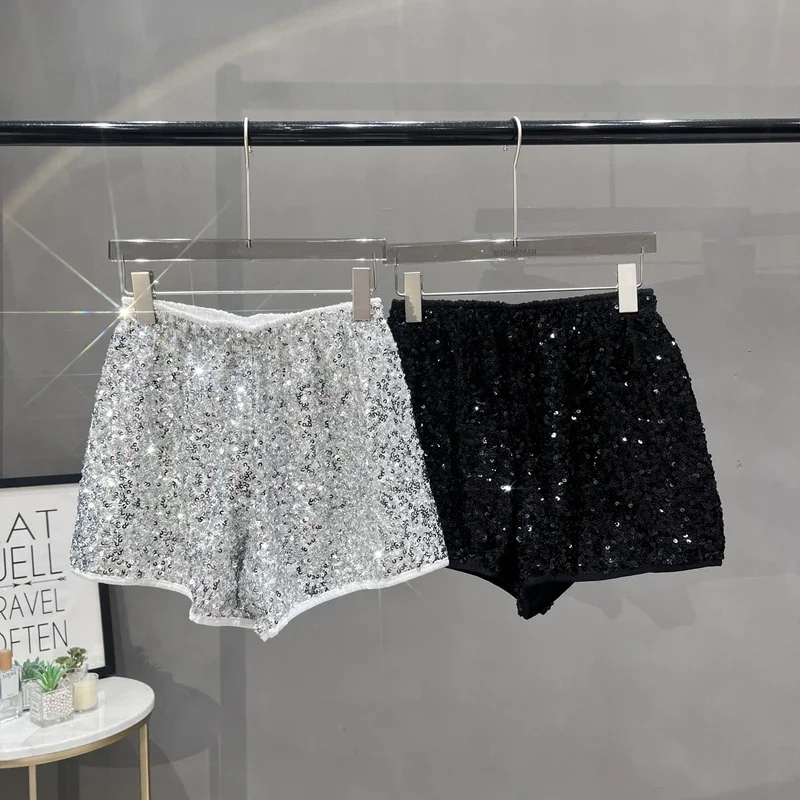 New Modern Heavy Industry Sequined European High-waisted Shorts for Women New 2024 Elastic Loose Wide-leg Hot Pants Casual Pants