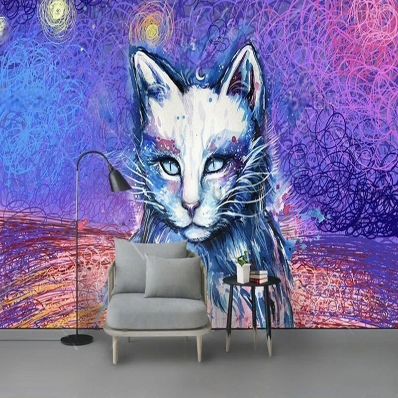 The background wall of the luxurious home bedroom with popular starry sky coils cute little cat TV and luxurious home decoration