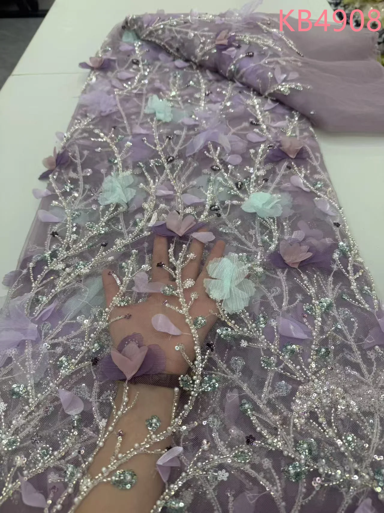 5 야드 아프리카 3D 꽃 페르시 자수 레이스 2025 스팽글 페르시 자수 스팽글 Tulle 레이스 원단 바느질 KB4908