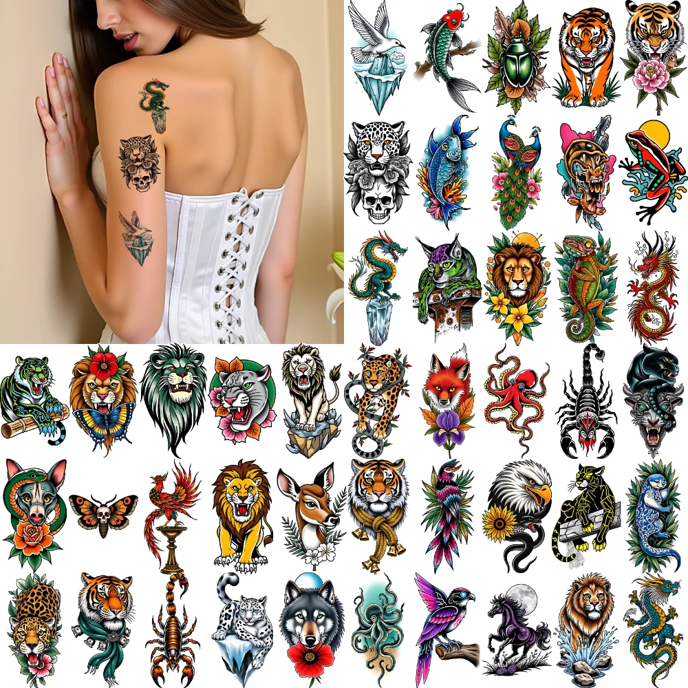 

28pcs Temporary Tattoo Eagle Waterproof Long-lasting Body Stickers Scorpion Leopard New School Traditional Lion For Chest