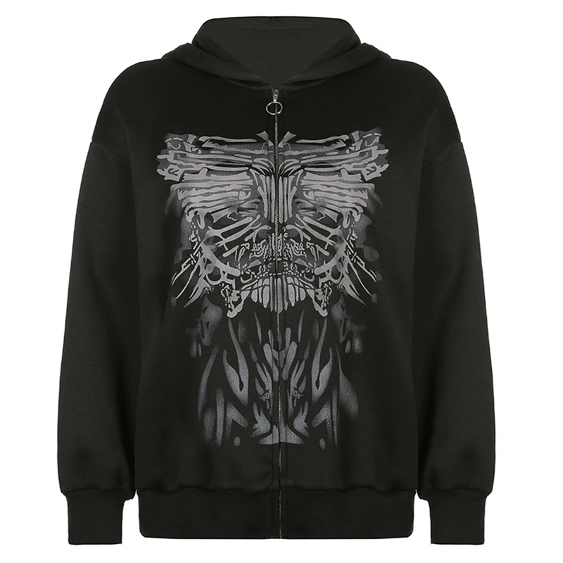 Gothic Graphic Print Black Sweatshirt Zip up Oversized Hoodies Autumn Long Sleeve Jacket Coat Women Grunge Clothes