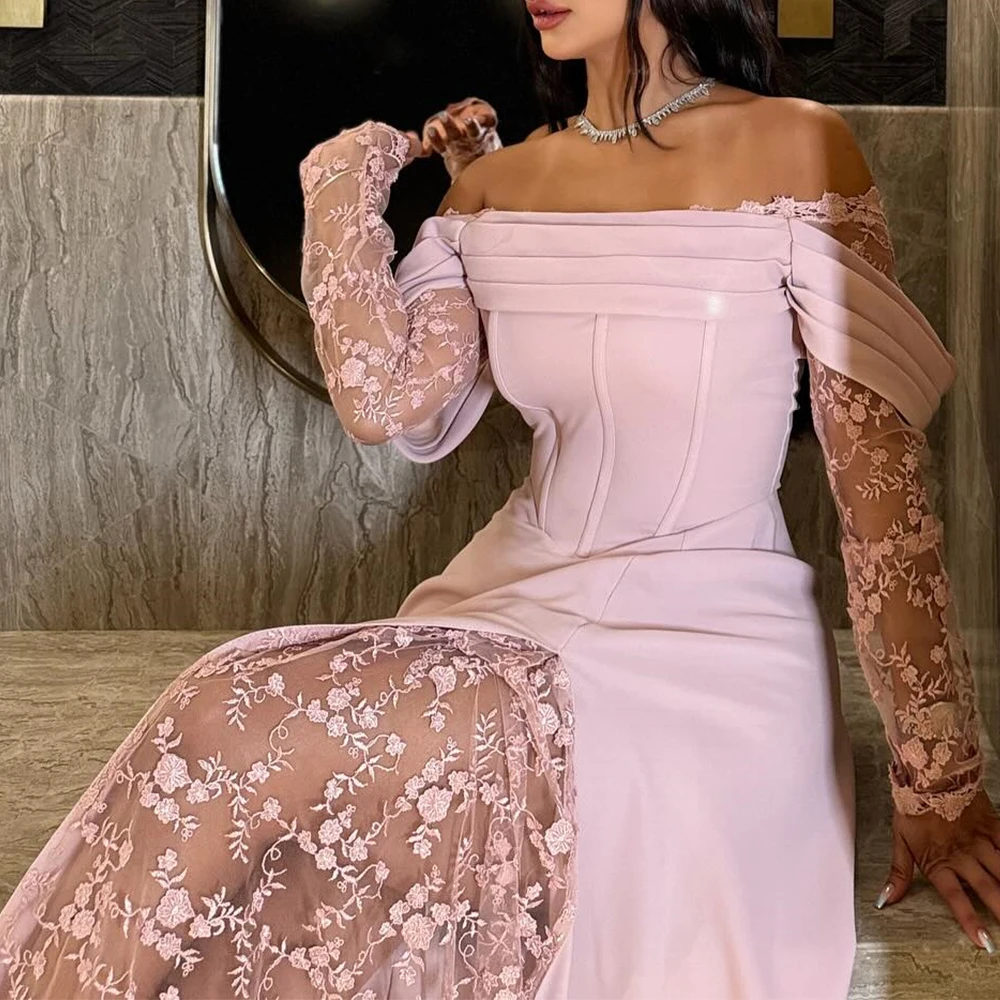 Customized Graceful Strapless Off the Shoulder Appliques Pleats Evening Dress Temperament Short Sleeves A-Line Party Gown