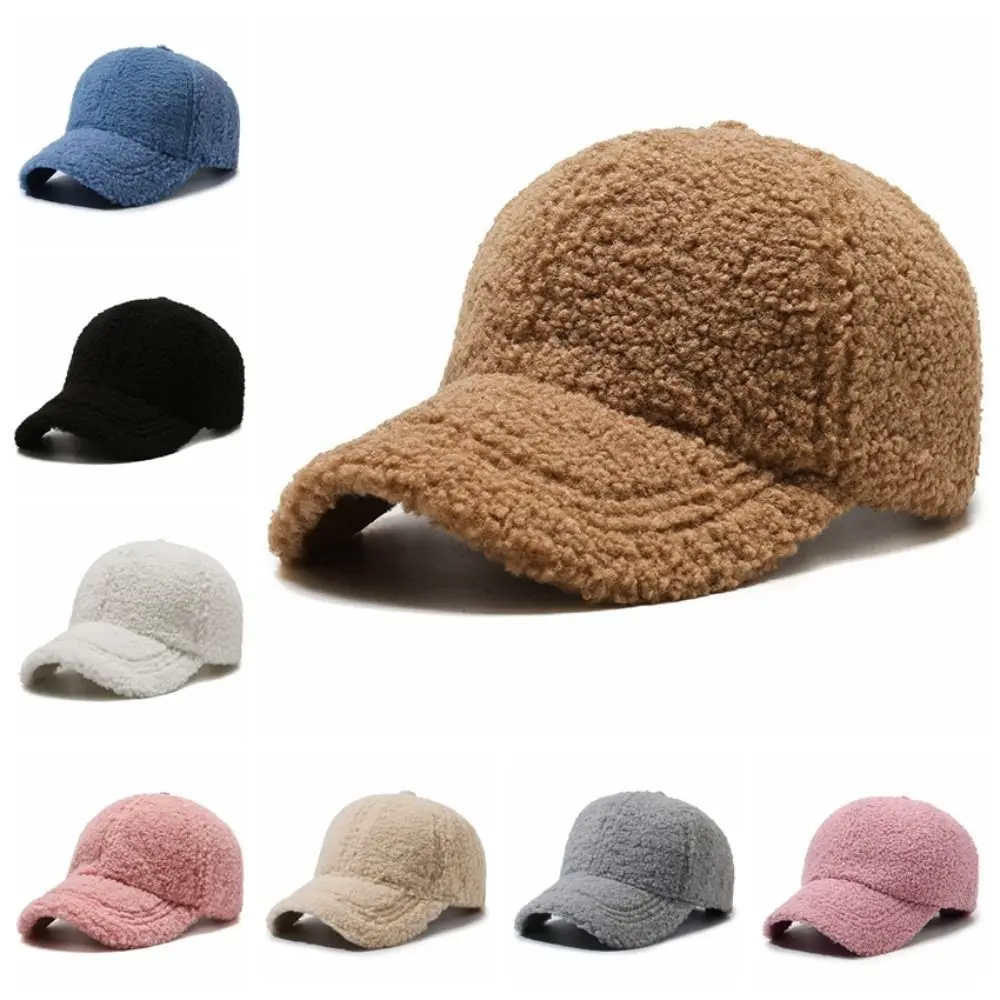 Casual Fuzzy Lamb Wool Baseball Cap Thicken Velvet Plush Snapback Sunshade Windproof Winter Peaked Cap Daily