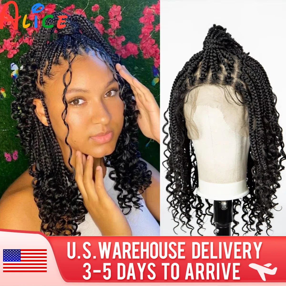 Knotless Box Braided Wigs Synthetic Full Lace Braids Wigs with Curly Ends Boho Braided Lace Wigs with Baby Hair for Black Women