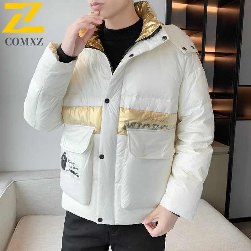 COMXZ Men Winter Jacket Korean Fashion Warm Fashion Lightweight Skiing Puffer Jacket Snowy Windproof Cold-Resistant Down Jacket