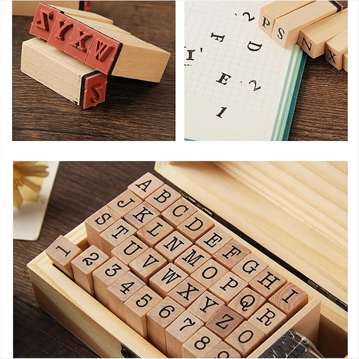 COFA 36 Pcs Small Wooden Rubber Stamps, Wooden Box Multipurpose Number Alphabet Letter Wood Rubber Stamp for Card Making