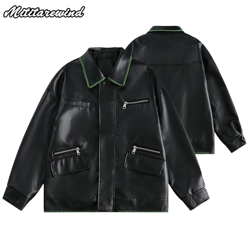 

Streetwear PU Leather Jakcet Men Spring Autumn Contrast Color Embroidery Motorcycle Jacket Oversized Punk Style Couple Outerwear