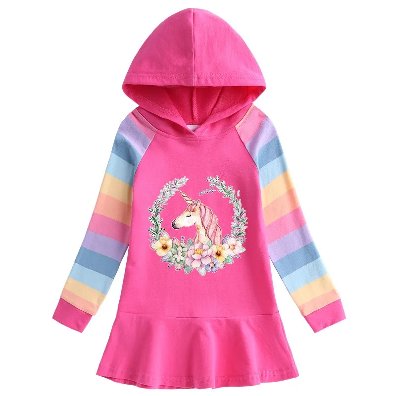 New Unicorn Princess Girls Dress Cotton Autumn Kids Dresses for Children Birthday Party Clothes Costume Hooded Rainbow Fashion