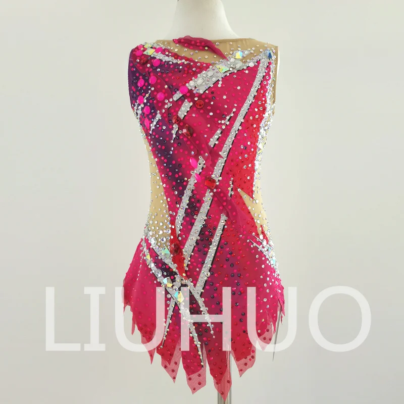 LIUHUO 리듬 체조 레오타드 소매 없음 소녀를 위한 핑크 경쟁 치어리딩 공연